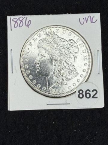 1886 UNC Morgan Silver Dollar Coin: KEY WORDS: INDIAN ARTIFACT ARTIFACTS ARROWHEAD ARROWHEADS NATIVE AMERICAN MISSISSIPPIAN QUAPAW CADDO POTTERY COINS MORGAN DOLLAR PEACE DOLLAR SILVER COINS. All coins have been Sigma tested for authent