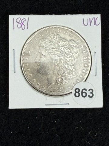 1881 UNC Morgan Silver Dollar Coin: KEY WORDS: INDIAN ARTIFACT ARTIFACTS ARROWHEAD ARROWHEADS NATIVE AMERICAN MISSISSIPPIAN QUAPAW CADDO POTTERY COINS MORGAN DOLLAR PEACE DOLLAR SILVER COINS. All coins have been Sigma tested for authent