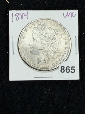 1884 UNC Morgan Silver Dollar Coin: KEY WORDS: INDIAN ARTIFACT ARTIFACTS ARROWHEAD ARROWHEADS NATIVE AMERICAN MISSISSIPPIAN QUAPAW CADDO POTTERY COINS MORGAN DOLLAR PEACE DOLLAR SILVER COINS. All coins have been Sigma tested for authent