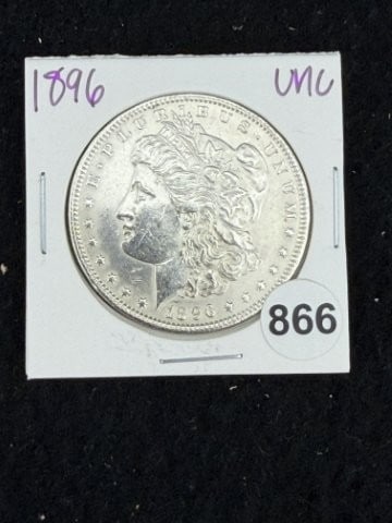 1896 UNC Morgan Silver Dollar Coin: KEY WORDS: INDIAN ARTIFACT ARTIFACTS ARROWHEAD ARROWHEADS NATIVE AMERICAN MISSISSIPPIAN QUAPAW CADDO POTTERY COINS MORGAN DOLLAR PEACE DOLLAR SILVER COINS. All coins have been Sigma tested for authent