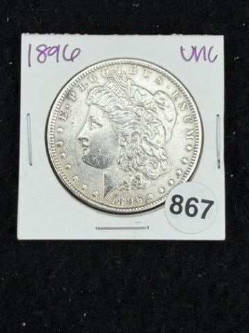 1896 UNC Morgan Silver Dollar Coin: KEY WORDS: INDIAN ARTIFACT ARTIFACTS ARROWHEAD ARROWHEADS NATIVE AMERICAN MISSISSIPPIAN QUAPAW CADDO POTTERY COINS MORGAN DOLLAR PEACE DOLLAR SILVER COINS. All coins have been Sigma tested for authent