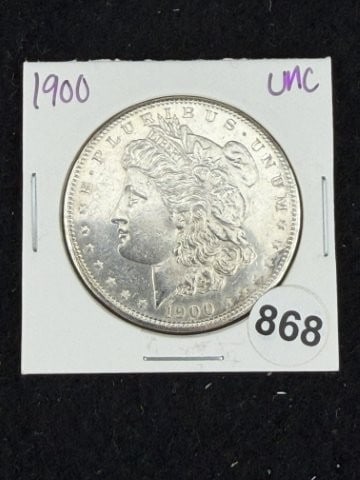 1900 UNC Morgan Silver Dollar Coin: KEY WORDS: INDIAN ARTIFACT ARTIFACTS ARROWHEAD ARROWHEADS NATIVE AMERICAN MISSISSIPPIAN QUAPAW CADDO POTTERY COINS MORGAN DOLLAR PEACE DOLLAR SILVER COINS. All coins have been Sigma tested for authent