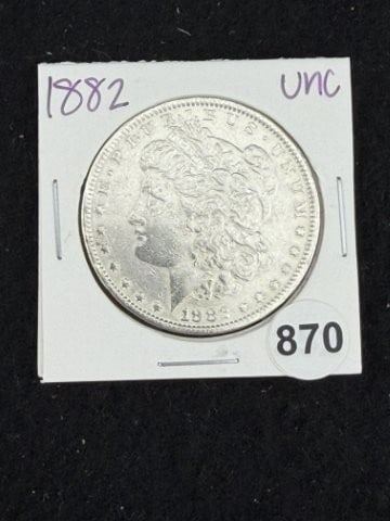 1882 UNC Morgan Silver Dollar Coin: KEY WORDS: INDIAN ARTIFACT ARTIFACTS ARROWHEAD ARROWHEADS NATIVE AMERICAN MISSISSIPPIAN QUAPAW CADDO POTTERY COINS MORGAN DOLLAR PEACE DOLLAR SILVER COINS. All coins have been Sigma tested for authent