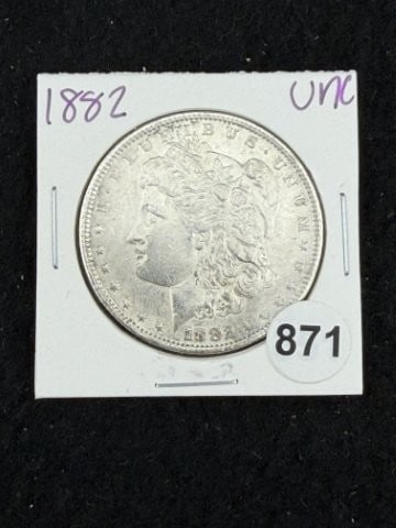 1882 UNC Morgan Silver Dollar Coin: KEY WORDS: INDIAN ARTIFACT ARTIFACTS ARROWHEAD ARROWHEADS NATIVE AMERICAN MISSISSIPPIAN QUAPAW CADDO POTTERY COINS MORGAN DOLLAR PEACE DOLLAR SILVER COINS. All coins have been Sigma tested for authent