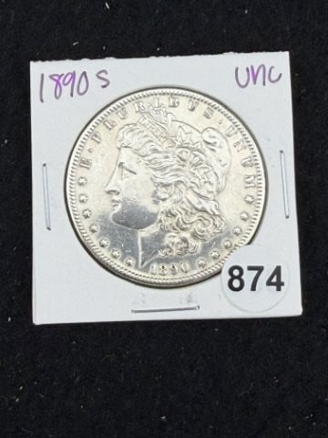 1890 S UNC Morgan Silver Dollar Coin: KEY WORDS: INDIAN ARTIFACT ARTIFACTS ARROWHEAD ARROWHEADS NATIVE AMERICAN MISSISSIPPIAN QUAPAW CADDO POTTERY COINS MORGAN DOLLAR PEACE DOLLAR SILVER COINS. All coins have been Sigma tested for authent