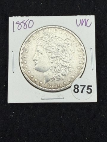 1880 UNC Morgan Silver Dollar Coin: KEY WORDS: INDIAN ARTIFACT ARTIFACTS ARROWHEAD ARROWHEADS NATIVE AMERICAN MISSISSIPPIAN QUAPAW CADDO POTTERY COINS MORGAN DOLLAR PEACE DOLLAR SILVER COINS. All coins have been Sigma tested for authent