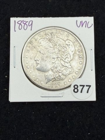 1889 UNC Morgan Silver Dollar Coin: KEY WORDS: INDIAN ARTIFACT ARTIFACTS ARROWHEAD ARROWHEADS NATIVE AMERICAN MISSISSIPPIAN QUAPAW CADDO POTTERY COINS MORGAN DOLLAR PEACE DOLLAR SILVER COINS. All coins have been Sigma tested for authent