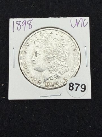 1898 UNC Morgan Silver Dollar Coin: KEY WORDS: INDIAN ARTIFACT ARTIFACTS ARROWHEAD ARROWHEADS NATIVE AMERICAN MISSISSIPPIAN QUAPAW CADDO POTTERY COINS MORGAN DOLLAR PEACE DOLLAR SILVER COINS. All coins have been Sigma tested for authent