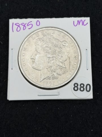 1885 O UNC Morgan Silver Dollar Coin: KEY WORDS: INDIAN ARTIFACT ARTIFACTS ARROWHEAD ARROWHEADS NATIVE AMERICAN MISSISSIPPIAN QUAPAW CADDO POTTERY COINS MORGAN DOLLAR PEACE DOLLAR SILVER COINS. All coins have been Sigma tested for authent