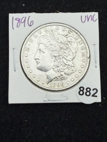 1896 UNC Morgan Silver Dollar Coin: KEY WORDS: INDIAN ARTIFACT ARTIFACTS ARROWHEAD ARROWHEADS NATIVE AMERICAN MISSISSIPPIAN QUAPAW CADDO POTTERY COINS MORGAN DOLLAR PEACE DOLLAR SILVER COINS. All coins have been Sigma tested for authent