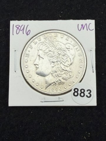 1896 UNC Morgan Silver Dollar Coin: KEY WORDS: INDIAN ARTIFACT ARTIFACTS ARROWHEAD ARROWHEADS NATIVE AMERICAN MISSISSIPPIAN QUAPAW CADDO POTTERY COINS MORGAN DOLLAR PEACE DOLLAR SILVER COINS. All coins have been Sigma tested for authent