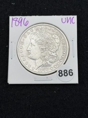 1896 UNC Morgan Silver Dollar Coin: KEY WORDS: INDIAN ARTIFACT ARTIFACTS ARROWHEAD ARROWHEADS NATIVE AMERICAN MISSISSIPPIAN QUAPAW CADDO POTTERY COINS MORGAN DOLLAR PEACE DOLLAR SILVER COINS. All coins have been Sigma tested for authent