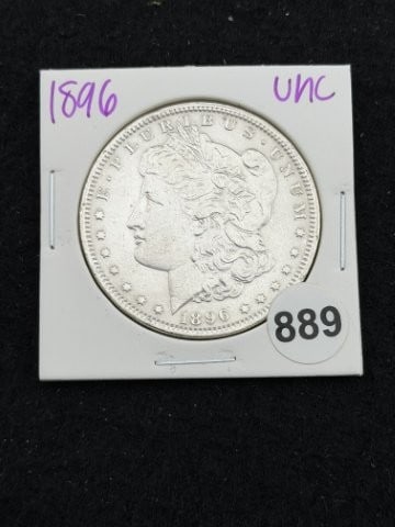 1896 UNC Morgan Silver Dollar Coin: KEY WORDS: INDIAN ARTIFACT ARTIFACTS ARROWHEAD ARROWHEADS NATIVE AMERICAN MISSISSIPPIAN QUAPAW CADDO POTTERY COINS MORGAN DOLLAR PEACE DOLLAR SILVER COINS. All coins have been Sigma tested for authent