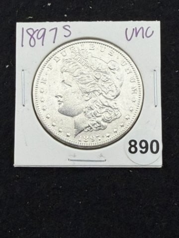 1897 S UNC Morgan Silver Dollar Coin: KEY WORDS: INDIAN ARTIFACT ARTIFACTS ARROWHEAD ARROWHEADS NATIVE AMERICAN MISSISSIPPIAN QUAPAW CADDO POTTERY COINS MORGAN DOLLAR PEACE DOLLAR SILVER COINS. All coins have been Sigma tested for authent