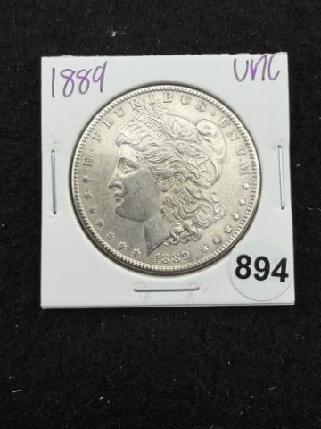 1889 UNC Morgan Silver Dollar Coin: KEY WORDS: INDIAN ARTIFACT ARTIFACTS ARROWHEAD ARROWHEADS NATIVE AMERICAN MISSISSIPPIAN QUAPAW CADDO POTTERY COINS MORGAN DOLLAR PEACE DOLLAR SILVER COINS. All coins have been Sigma tested for authent