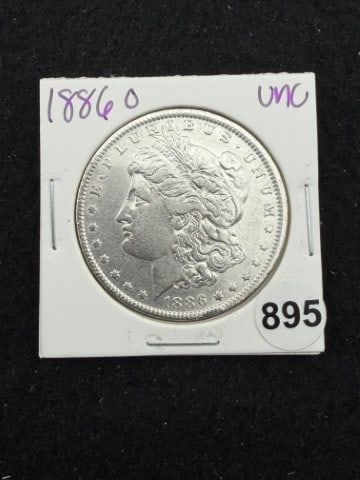 1886 O UNC Morgan Silver Dollar Coin: KEY WORDS: INDIAN ARTIFACT ARTIFACTS ARROWHEAD ARROWHEADS NATIVE AMERICAN MISSISSIPPIAN QUAPAW CADDO POTTERY COINS MORGAN DOLLAR PEACE DOLLAR SILVER COINS. All coins have been Sigma tested for authent