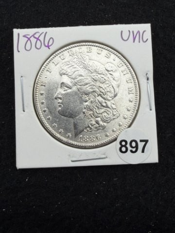 1886 UNC Morgan Silver Dollar Coin: KEY WORDS: INDIAN ARTIFACT ARTIFACTS ARROWHEAD ARROWHEADS NATIVE AMERICAN MISSISSIPPIAN QUAPAW CADDO POTTERY COINS MORGAN DOLLAR PEACE DOLLAR SILVER COINS. All coins have been Sigma tested for authent