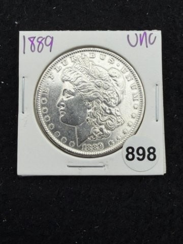 1889 UNC Morgan Silver Dollar Coin: KEY WORDS: INDIAN ARTIFACT ARTIFACTS ARROWHEAD ARROWHEADS NATIVE AMERICAN MISSISSIPPIAN QUAPAW CADDO POTTERY COINS MORGAN DOLLAR PEACE DOLLAR SILVER COINS. All coins have been Sigma tested for authent