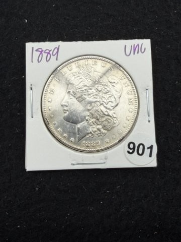 1889 UNC Morgan Silver Dollar Coin: KEY WORDS: INDIAN ARTIFACT ARTIFACTS ARROWHEAD ARROWHEADS NATIVE AMERICAN MISSISSIPPIAN QUAPAW CADDO POTTERY COINS MORGAN DOLLAR PEACE DOLLAR SILVER COINS. All coins have been Sigma tested for authent