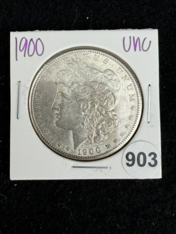 1900 UNC Morgan Silver Dollar Coin: KEY WORDS: INDIAN ARTIFACT ARTIFACTS ARROWHEAD ARROWHEADS NATIVE AMERICAN MISSISSIPPIAN QUAPAW CADDO POTTERY COINS MORGAN DOLLAR PEACE DOLLAR SILVER COINS. All coins have been Sigma tested for