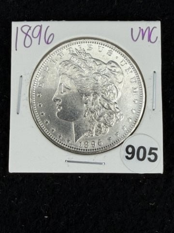 1896 UNC Morgan Silver Dollar Coin: KEY WORDS: INDIAN ARTIFACT ARTIFACTS ARROWHEAD ARROWHEADS NATIVE AMERICAN MISSISSIPPIAN QUAPAW CADDO POTTERY COINS MORGAN DOLLAR PEACE DOLLAR SILVER COINS. All coins have been Sigma tested for