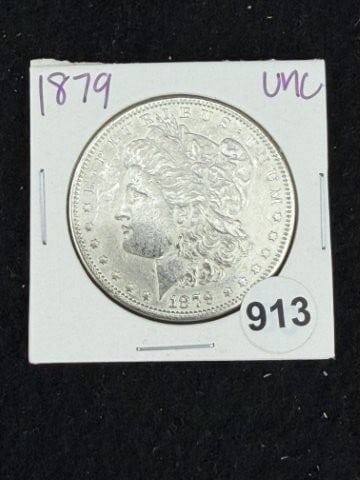 1879 UNC Morgan Silver Dollar Coin: KEY WORDS: INDIAN ARTIFACT ARTIFACTS ARROWHEAD ARROWHEADS NATIVE AMERICAN MISSISSIPPIAN QUAPAW CADDO POTTERY COINS MORGAN DOLLAR PEACE DOLLAR SILVER COINS. All coins have been Sigma tested for authent