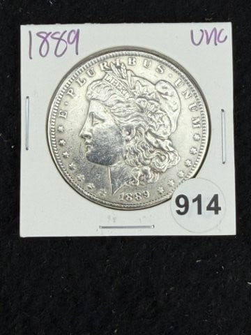 1889 UNC Morgan Silver Dollar Coin: KEY WORDS: INDIAN ARTIFACT ARTIFACTS ARROWHEAD ARROWHEADS NATIVE AMERICAN MISSISSIPPIAN QUAPAW CADDO POTTERY COINS MORGAN DOLLAR PEACE DOLLAR SILVER COINS. All coins have been Sigma tested for
