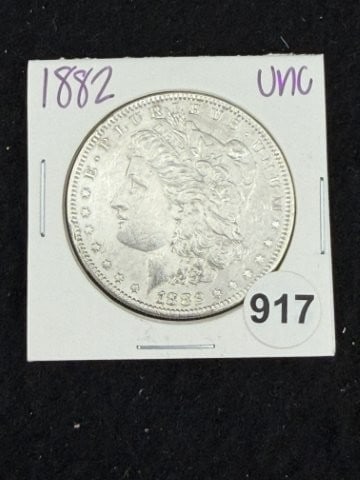 1882 UNC Morgan Silver Dollar Coin: KEY WORDS: INDIAN ARTIFACT ARTIFACTS ARROWHEAD ARROWHEADS NATIVE AMERICAN MISSISSIPPIAN QUAPAW CADDO POTTERY COINS MORGAN DOLLAR PEACE DOLLAR SILVER COINS. All coins have been Sigma tested for authent