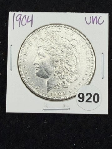 1904 UNC Morgan Silver Dollar Coin: KEY WORDS: INDIAN ARTIFACT ARTIFACTS ARROWHEAD ARROWHEADS NATIVE AMERICAN MISSISSIPPIAN QUAPAW CADDO POTTERY COINS MORGAN DOLLAR PEACE DOLLAR SILVER COINS. All coins have been Sigma tested for authent
