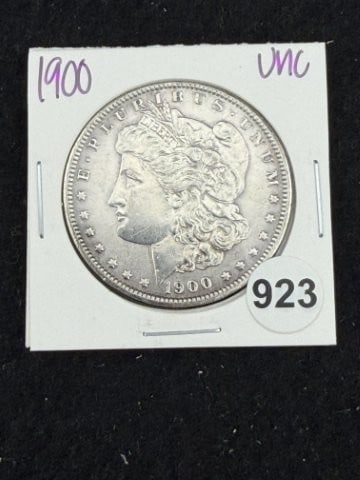 1900 UNC Morgan Silver Dollar Coin: KEY WORDS: INDIAN ARTIFACT ARTIFACTS ARROWHEAD ARROWHEADS NATIVE AMERICAN MISSISSIPPIAN QUAPAW CADDO POTTERY COINS MORGAN DOLLAR PEACE DOLLAR SILVER COINS. All coins have been Sigma tested for authent