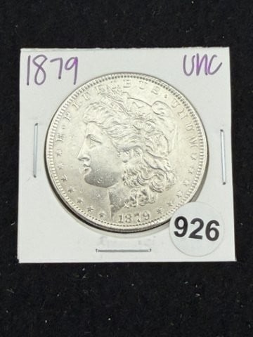 1879 UNC Morgan Silver Dollar Coin: KEY WORDS: INDIAN ARTIFACT ARTIFACTS ARROWHEAD ARROWHEADS NATIVE AMERICAN MISSISSIPPIAN QUAPAW CADDO POTTERY COINS MORGAN DOLLAR PEACE DOLLAR SILVER COINS. All coins have been Sigma tested for authent