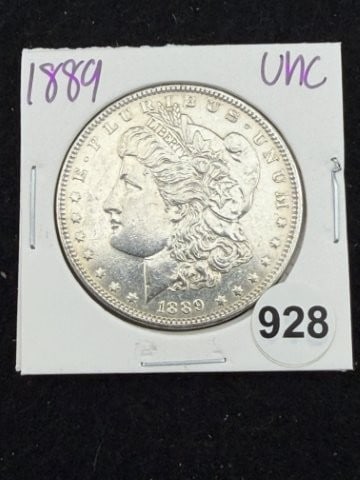 1889 UNC Morgan Silver Dollar Coin: KEY WORDS: INDIAN ARTIFACT ARTIFACTS ARROWHEAD ARROWHEADS NATIVE AMERICAN MISSISSIPPIAN QUAPAW CADDO POTTERY COINS MORGAN DOLLAR PEACE DOLLAR SILVER COINS. All coins have been Sigma tested for authent