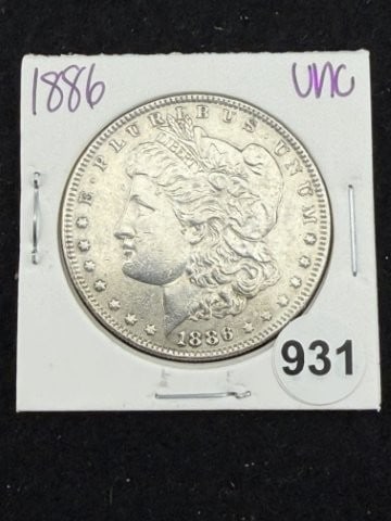 1886 UNC Morgan Silver Dollar Coin: KEY WORDS: INDIAN ARTIFACT ARTIFACTS ARROWHEAD ARROWHEADS NATIVE AMERICAN MISSISSIPPIAN QUAPAW CADDO POTTERY COINS MORGAN DOLLAR PEACE DOLLAR SILVER COINS. All coins have been Sigma tested for authent