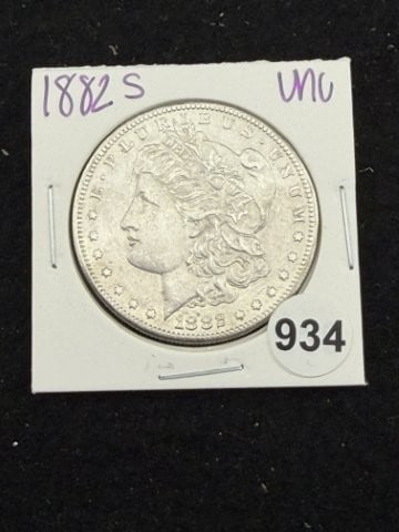 1882 S UNC Morgan Silver Dollar Coin: KEY WORDS: INDIAN ARTIFACT ARTIFACTS ARROWHEAD ARROWHEADS NATIVE AMERICAN MISSISSIPPIAN QUAPAW CADDO POTTERY COINS MORGAN DOLLAR PEACE DOLLAR SILVER COINS. All coins have been Sigma tested for authent