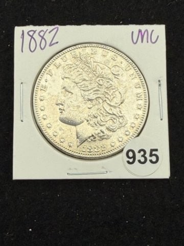 1882 UNC Morgan Silver Dollar Coin: KEY WORDS: INDIAN ARTIFACT ARTIFACTS ARROWHEAD ARROWHEADS NATIVE AMERICAN MISSISSIPPIAN QUAPAW CADDO POTTERY COINS MORGAN DOLLAR PEACE DOLLAR SILVER COINS. All coins have been Sigma tested for authent