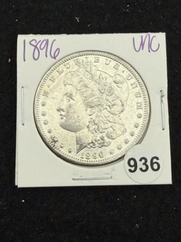 1896 UNC Morgan Silver Dollar Coin: KEY WORDS: INDIAN ARTIFACT ARTIFACTS ARROWHEAD ARROWHEADS NATIVE AMERICAN MISSISSIPPIAN QUAPAW CADDO POTTERY COINS MORGAN DOLLAR PEACE DOLLAR SILVER COINS. All coins have been Sigma tested for authent