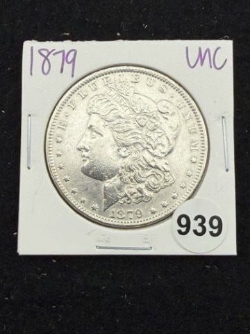 1879 UNC Morgan Silver Dollar Coin: KEY WORDS: INDIAN ARTIFACT ARTIFACTS ARROWHEAD ARROWHEADS NATIVE AMERICAN MISSISSIPPIAN QUAPAW CADDO POTTERY COINS MORGAN DOLLAR PEACE DOLLAR SILVER COINS. All coins have been Sigma tested for authent