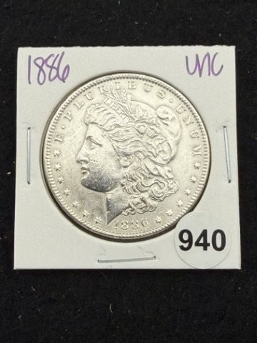 1886 UNC Morgan Silver Dollar Coin: KEY WORDS: INDIAN ARTIFACT ARTIFACTS ARROWHEAD ARROWHEADS NATIVE AMERICAN MISSISSIPPIAN QUAPAW CADDO POTTERY COINS MORGAN DOLLAR PEACE DOLLAR SILVER COINS. All coins have been Sigma tested for authent
