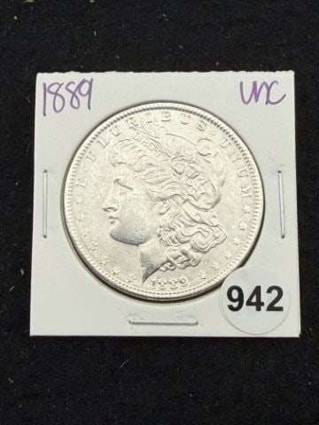 1889 UNC Morgan Silver Dollar Coin: KEY WORDS: INDIAN ARTIFACT ARTIFACTS ARROWHEAD ARROWHEADS NATIVE AMERICAN MISSISSIPPIAN QUAPAW CADDO POTTERY COINS MORGAN DOLLAR PEACE DOLLAR SILVER COINS. All coins have been Sigma tested for authent
