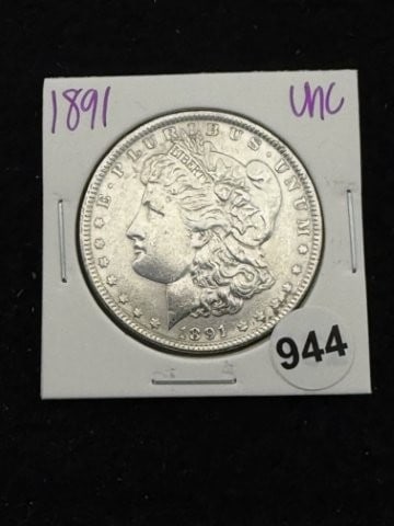 1891 UNC Morgan Silver Dollar Coin: KEY WORDS: INDIAN ARTIFACT ARTIFACTS ARROWHEAD ARROWHEADS NATIVE AMERICAN MISSISSIPPIAN QUAPAW CADDO POTTERY COINS MORGAN DOLLAR PEACE DOLLAR SILVER COINS. All coins have been Sigma tested for authent