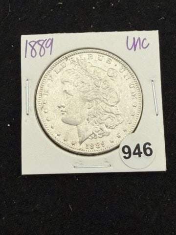 1889 UNC Morgan Silver Dollar Coin: KEY WORDS: INDIAN ARTIFACT ARTIFACTS ARROWHEAD ARROWHEADS NATIVE AMERICAN MISSISSIPPIAN QUAPAW CADDO POTTERY COINS MORGAN DOLLAR PEACE DOLLAR SILVER COINS. All coins have been Sigma tested for authent
