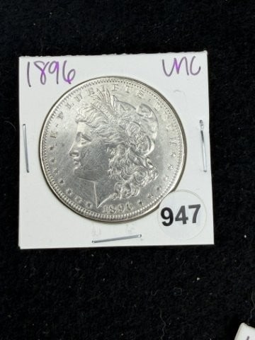 1896 UNC Morgan Silver Dollar Coin: KEY WORDS: INDIAN ARTIFACT ARTIFACTS ARROWHEAD ARROWHEADS NATIVE AMERICAN MISSISSIPPIAN QUAPAW CADDO POTTERY COINS MORGAN DOLLAR PEACE DOLLAR SILVER COINS. All coins have been Sigma tested for authent