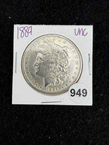 1889 UNC Morgan Silver Dollar Coin: KEY WORDS: INDIAN ARTIFACT ARTIFACTS ARROWHEAD ARROWHEADS NATIVE AMERICAN MISSISSIPPIAN QUAPAW CADDO POTTERY COINS MORGAN DOLLAR PEACE DOLLAR SILVER COINS. All coins have been Sigma tested for authent