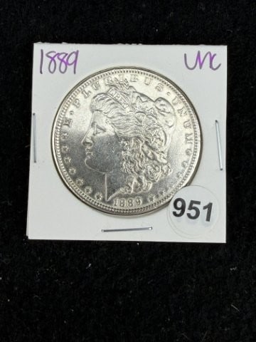 1889 UNC Morgan Silver Dollar Coin: KEY WORDS: INDIAN ARTIFACT ARTIFACTS ARROWHEAD ARROWHEADS NATIVE AMERICAN MISSISSIPPIAN QUAPAW CADDO POTTERY COINS MORGAN DOLLAR PEACE DOLLAR SILVER COINS. All coins have been Sigma tested for authent