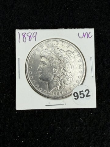 1889 UNC Morgan Silver Dollar Coin: KEY WORDS: INDIAN ARTIFACT ARTIFACTS ARROWHEAD ARROWHEADS NATIVE AMERICAN MISSISSIPPIAN QUAPAW CADDO POTTERY COINS MORGAN DOLLAR PEACE DOLLAR SILVER COINS. All coins have been Sigma tested for authent