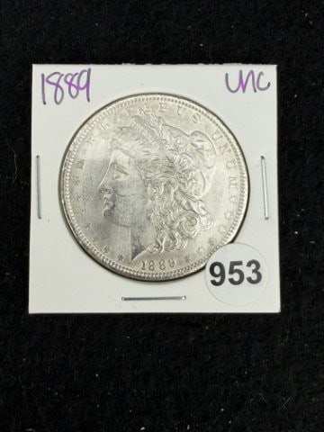 1889 UNC Morgan Silver Dollar Coin: KEY WORDS: INDIAN ARTIFACT ARTIFACTS ARROWHEAD ARROWHEADS NATIVE AMERICAN MISSISSIPPIAN QUAPAW CADDO POTTERY COINS MORGAN DOLLAR PEACE DOLLAR SILVER COINS. All coins have been Sigma tested for authent