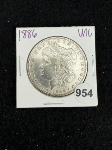 1886 UNC Morgan Silver Dollar Coin: KEY WORDS: INDIAN ARTIFACT ARTIFACTS ARROWHEAD ARROWHEADS NATIVE AMERICAN MISSISSIPPIAN QUAPAW CADDO POTTERY COINS MORGAN DOLLAR PEACE DOLLAR SILVER COINS. All coins have been Sigma tested for authent