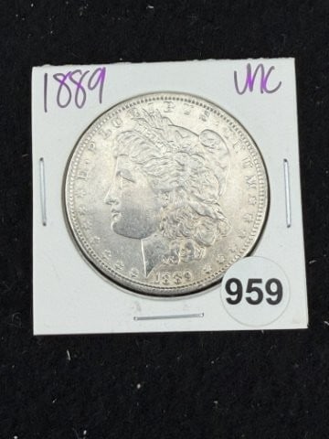 1889 UNC Morgan Silver Dollar Coin: KEY WORDS: INDIAN ARTIFACT ARTIFACTS ARROWHEAD ARROWHEADS NATIVE AMERICAN MISSISSIPPIAN QUAPAW CADDO POTTERY COINS MORGAN DOLLAR PEACE DOLLAR SILVER COINS. All coins have been Sigma tested for authent