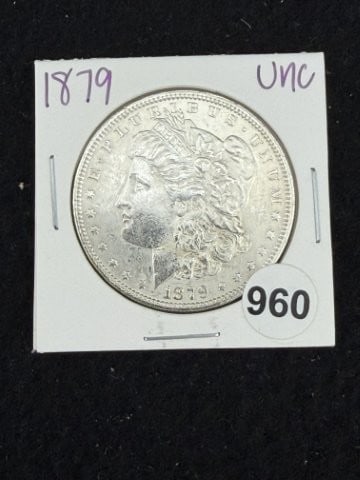 1879 UNC Morgan Silver Dollar Coin: KEY WORDS: INDIAN ARTIFACT ARTIFACTS ARROWHEAD ARROWHEADS NATIVE AMERICAN MISSISSIPPIAN QUAPAW CADDO POTTERY COINS MORGAN DOLLAR PEACE DOLLAR SILVER COINS. All coins have been Sigma tested for authent