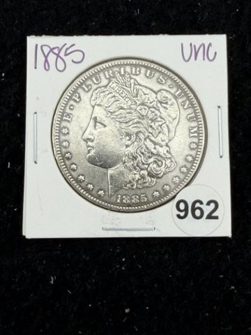 1885 UNC Morgan Silver Dollar Coin: KEY WORDS: INDIAN ARTIFACT ARTIFACTS ARROWHEAD ARROWHEADS NATIVE AMERICAN MISSISSIPPIAN QUAPAW CADDO POTTERY COINS MORGAN DOLLAR PEACE DOLLAR SILVER COINS. All coins have been Sigma tested for authent